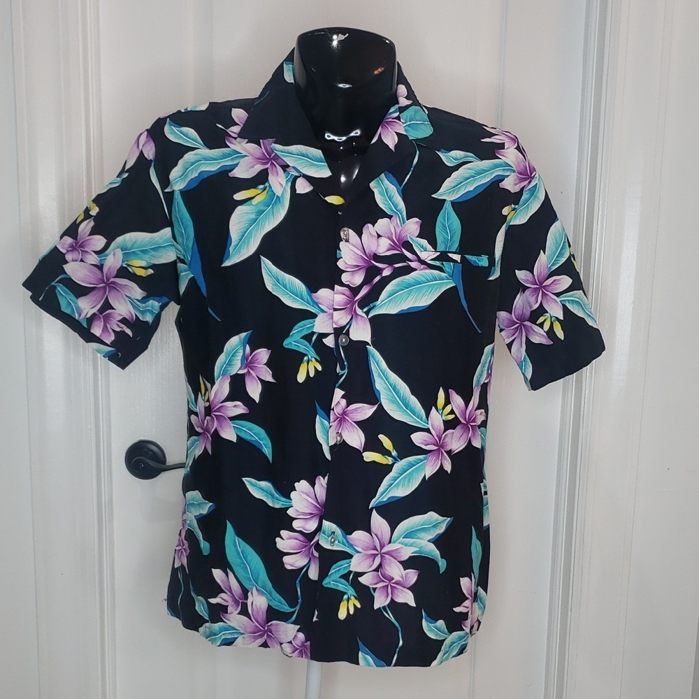 Kalena Fashions of Hawaii Hawaiian Shirt Size XL Purple Floral & Black